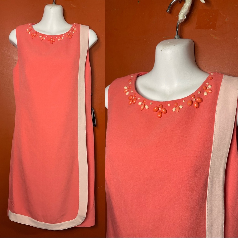 NWT Adrianna Papell Salmon Pink Center Trim Beaded Neck Dress